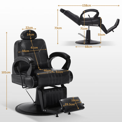 Sillón de peluquería BarberPub reclinable con reposacabezas, mobiliario de peluquería con bomba hidráulica giratorio 360°, silla de servicio regulable en altura, sillón de barbero de piel sintética 3851 (negro)