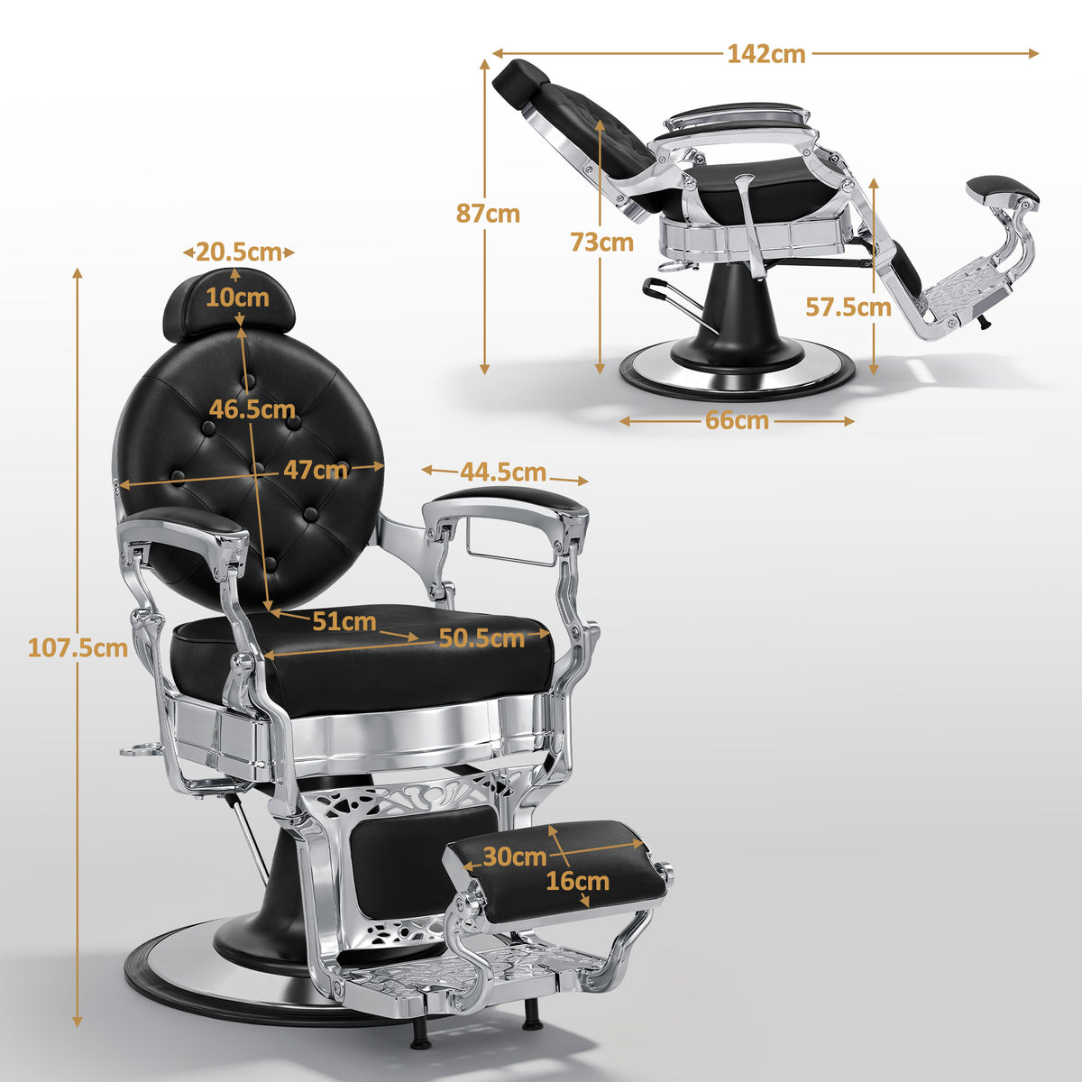 Barberpub Friseurstuhl mit Kopfstütze Kippbar, Friseureinrichtung mit Hydraulikpumpe 360° Drehbar, Höhenverstellbarer Bedienungsstuhl mit Vintage Stil, Barber Stuhl Kunstleder, 3860 (Silber-Schwarz)