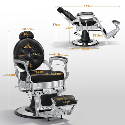 Barberpub Friseurstuhl mit Kopfstütze Kippbar, Friseureinrichtung mit Hydraulikpumpe 360° Drehbar, Höhenverstellbarer Bedienungsstuhl mit Vintage Stil, Barber Stuhl Kunstleder, 3860 (Silber-Schwarz)