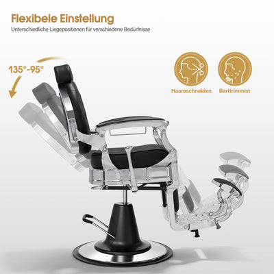 Barberpub Friseurstuhl mit Kopfstütze Kippbar, Friseureinrichtung mit Hydraulikpumpe 360° Drehbar, Höhenverstellbarer Bedienungsstuhl mit Vintage Stil, Barber Stuhl Kunstleder, 3860 (Silber-Schwarz)