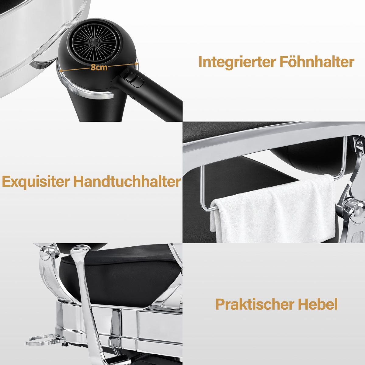 Barberpub Friseurstuhl mit Kopfstütze Kippbar, Friseureinrichtung mit Hydraulikpumpe 360° Drehbar, Höhenverstellbarer Bedienungsstuhl mit Vintage Stil, Barber Stuhl Kunstleder, 3860 (Silber-Schwarz)
