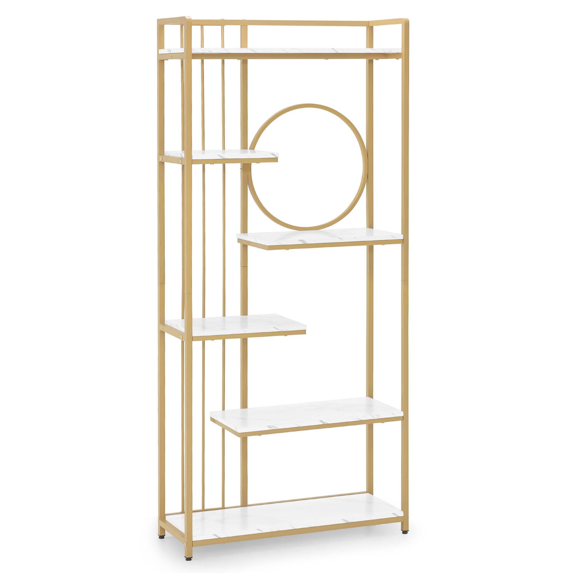 Bibliothèque BarberPub, étagère sur pied à 6 niveaux, étagère de bureau avec cadre en métal, étagère pour bureau, salon, chambre, cuisine, salon de manucure, marbre blanc doré, 30 x 80 x 180 cm, 5180