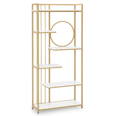 BarberPub Bücherregal, Standregal mit 6 Ebenen, Büroregal mit Metallrahmen, Regal für Büro, Wohnzimmer, Schlafzimmer, Küche, Nagelstudio, Marmor-Weiß Gold, 30x80x180cm, 5180