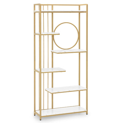 BarberPub Bücherregal, Standregal mit 6 Ebenen, Büroregal mit Metallrahmen, Regal für Büro, Wohnzimmer, Schlafzimmer, Küche, Nagelstudio, Marmor-Weiß Gold, 30x80x180cm, 5180