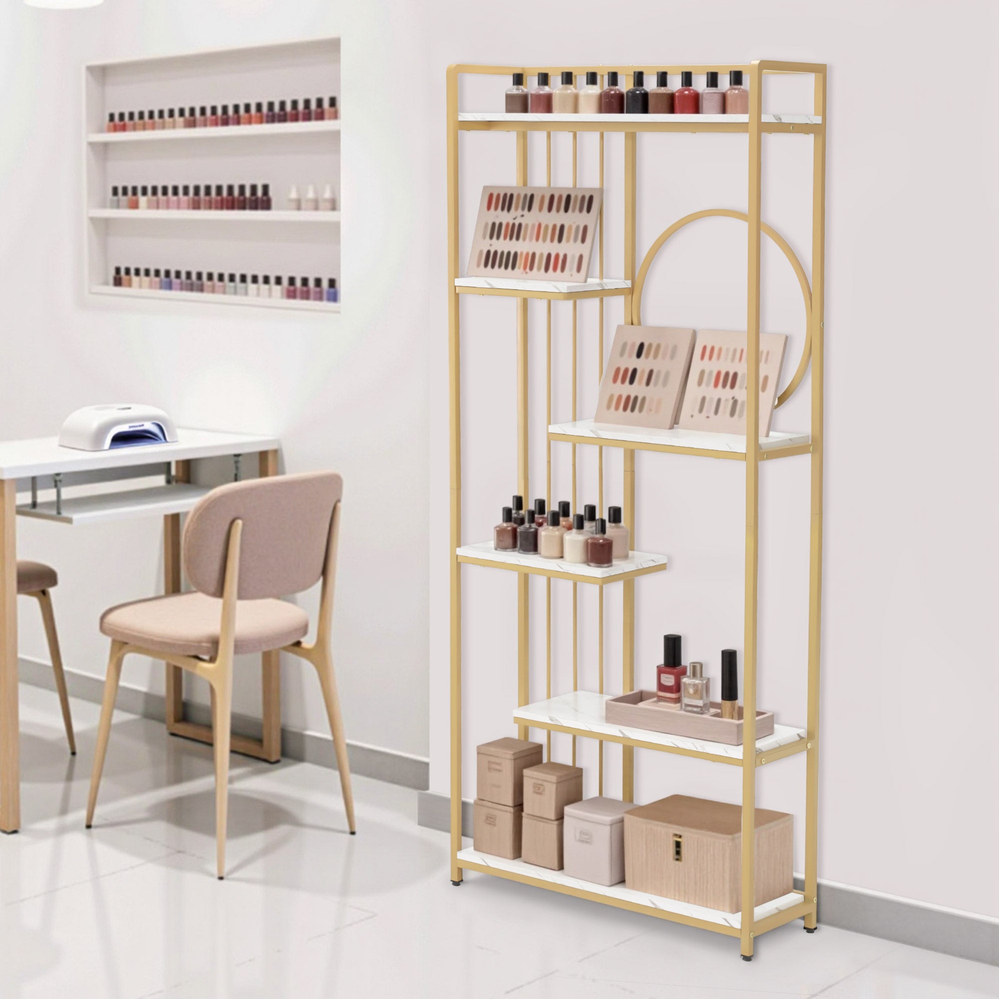Bibliothèque BarberPub, étagère sur pied à 6 niveaux, étagère de bureau avec cadre en métal, étagère pour bureau, salon, chambre, cuisine, salon de manucure, marbre blanc doré, 30 x 80 x 180 cm, 5180