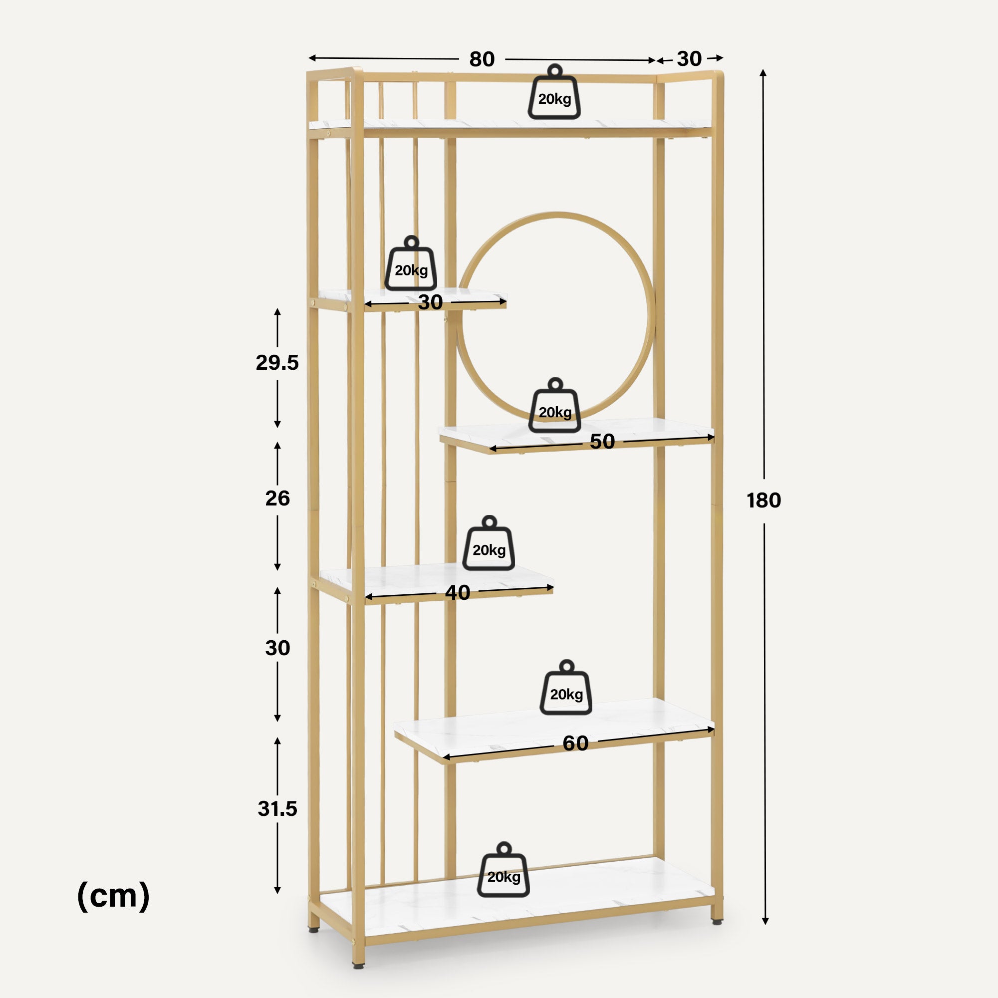 Bibliothèque BarberPub, étagère sur pied à 6 niveaux, étagère de bureau avec cadre en métal, étagère pour bureau, salon, chambre, cuisine, salon de manucure, marbre blanc doré, 30 x 80 x 180 cm, 5180