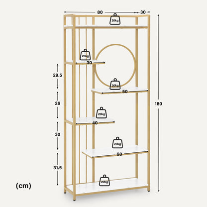 BarberPub Bücherregal, Standregal mit 6 Ebenen, Büroregal mit Metallrahmen, Regal für Büro, Wohnzimmer, Schlafzimmer, Küche, Nagelstudio, Marmor-Weiß Gold, 30x80x180cm, 5180