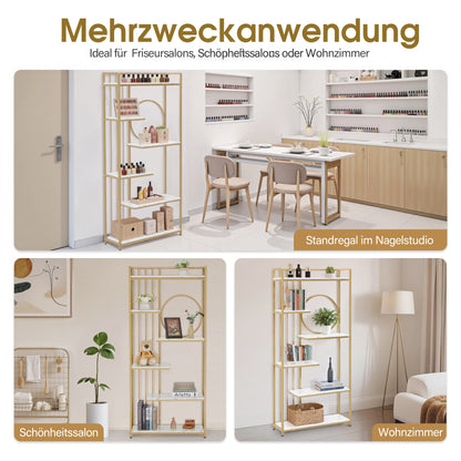 BarberPub Bücherregal, Standregal mit 6 Ebenen, Büroregal mit Metallrahmen, Regal für Büro, Wohnzimmer, Schlafzimmer, Küche, Nagelstudio, Marmor-Weiß Gold, 30x80x180cm, 5180