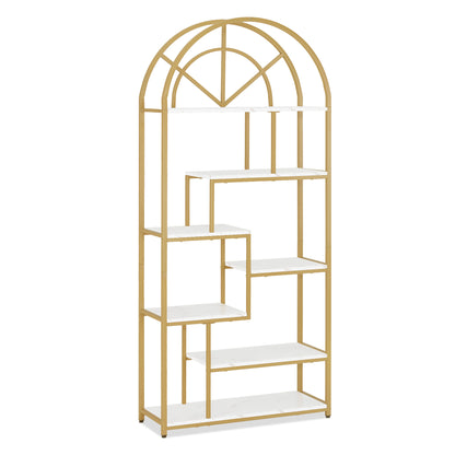 Bibliothèque BarberPub, étagère sur pied à 7 niveaux, étagère de bureau avec cadre en métal, étagère pour bureau, salon, chambre, cuisine, salon de manucure, marbre blanc doré, 30 x 80 x 180 cm, 5183