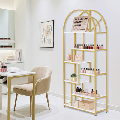 Bibliothèque BarberPub, étagère sur pied à 7 niveaux, étagère de bureau avec cadre en métal, étagère pour bureau, salon, chambre, cuisine, salon de manucure, marbre blanc doré, 30 x 80 x 180 cm, 5183