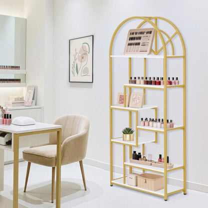 Bibliothèque BarberPub, étagère sur pied à 7 niveaux, étagère de bureau avec cadre en métal, étagère pour bureau, salon, chambre, cuisine, salon de manucure, marbre blanc doré, 30 x 80 x 180 cm, 5183
