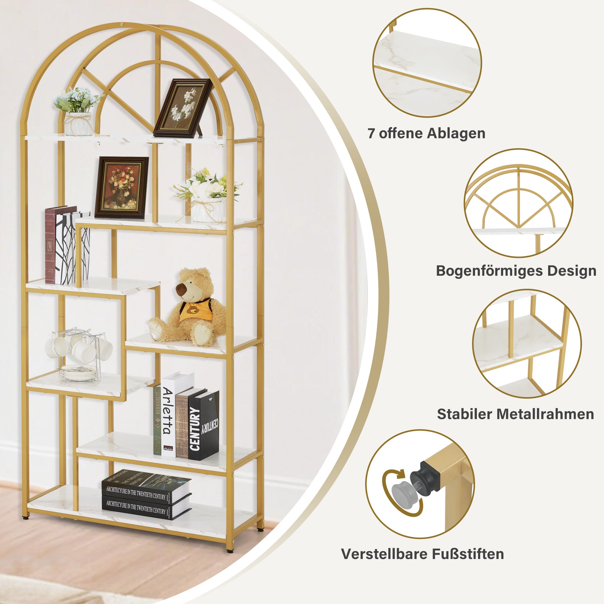Bibliothèque BarberPub, étagère sur pied à 7 niveaux, étagère de bureau avec cadre en métal, étagère pour bureau, salon, chambre, cuisine, salon de manucure, marbre blanc doré, 30 x 80 x 180 cm, 5183