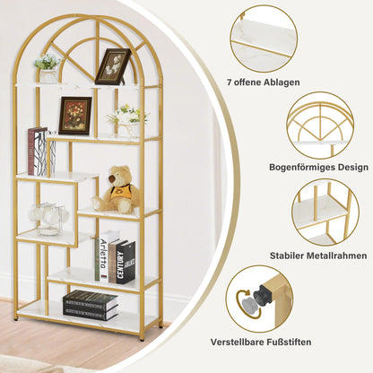 Bibliothèque BarberPub, étagère sur pied à 7 niveaux, étagère de bureau avec cadre en métal, étagère pour bureau, salon, chambre, cuisine, salon de manucure, marbre blanc doré, 30 x 80 x 180 cm, 5183