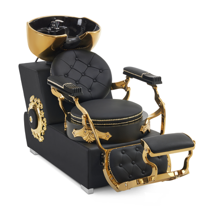 Barberpub Hairdressing Chair with Sink, Adjustable Ceramic Hairdressing Sink, Reversible Hairdressing Wash Chair for SPA Salon, Hairdresser Wash Station Retro 8024 (Gold-Black/PVC) 