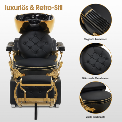 Barberpub poltrona da barbiere con lavatesta, lavatesta da parrucchiere in ceramica regolabile, poltrona lavatesta reclinabile per parrucchiere, salone SPA, postazione lavatesta retrò 8024 (oro-nero/PVC)