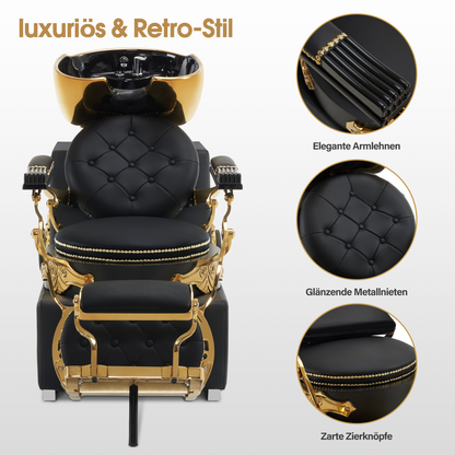 Barberpub Hairdressing Chair with Sink, Adjustable Ceramic Hairdressing Sink, Reversible Hairdressing Wash Chair for SPA Salon, Hairdresser Wash Station Retro 8024 (Gold-Black/PVC) 