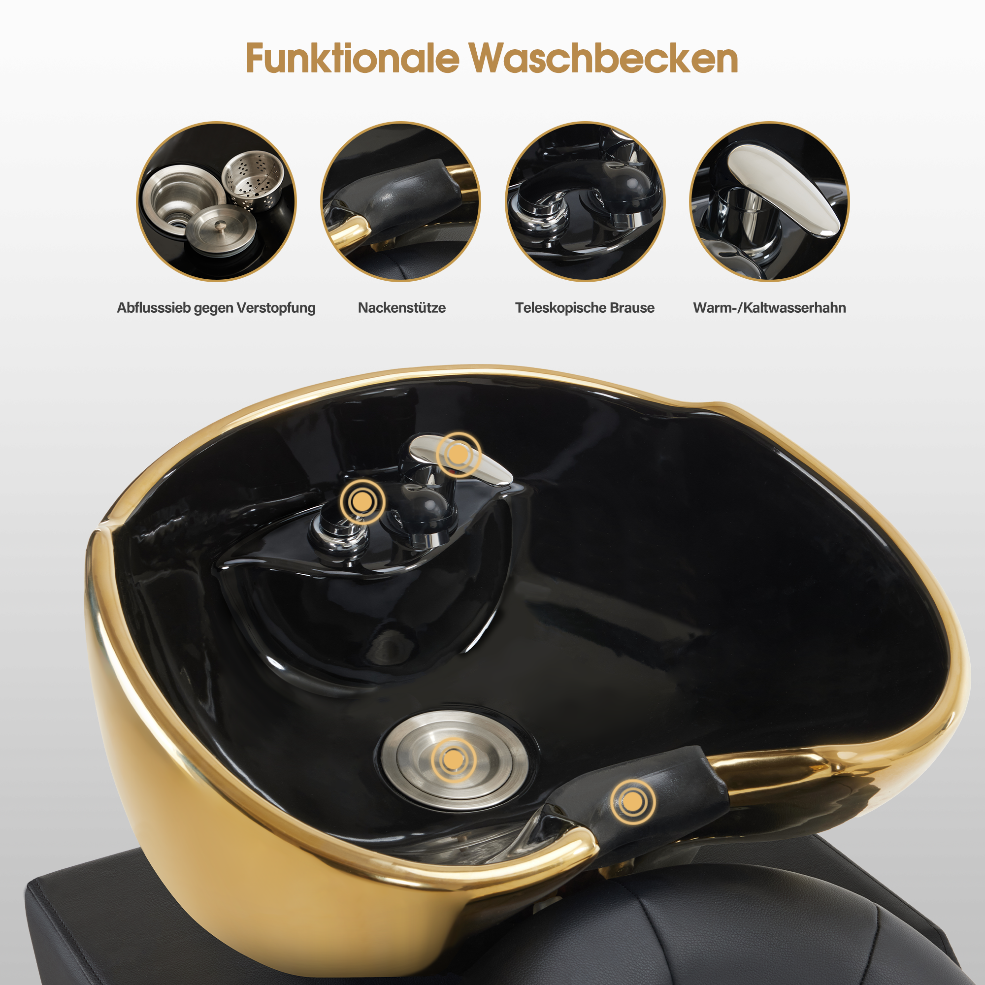 Barberpub Hairdressing Chair with Sink, Adjustable Ceramic Hairdressing Sink, Reversible Hairdressing Wash Chair for SPA Salon, Hairdresser Wash Station Retro 8024 (Gold-Black/PVC) 