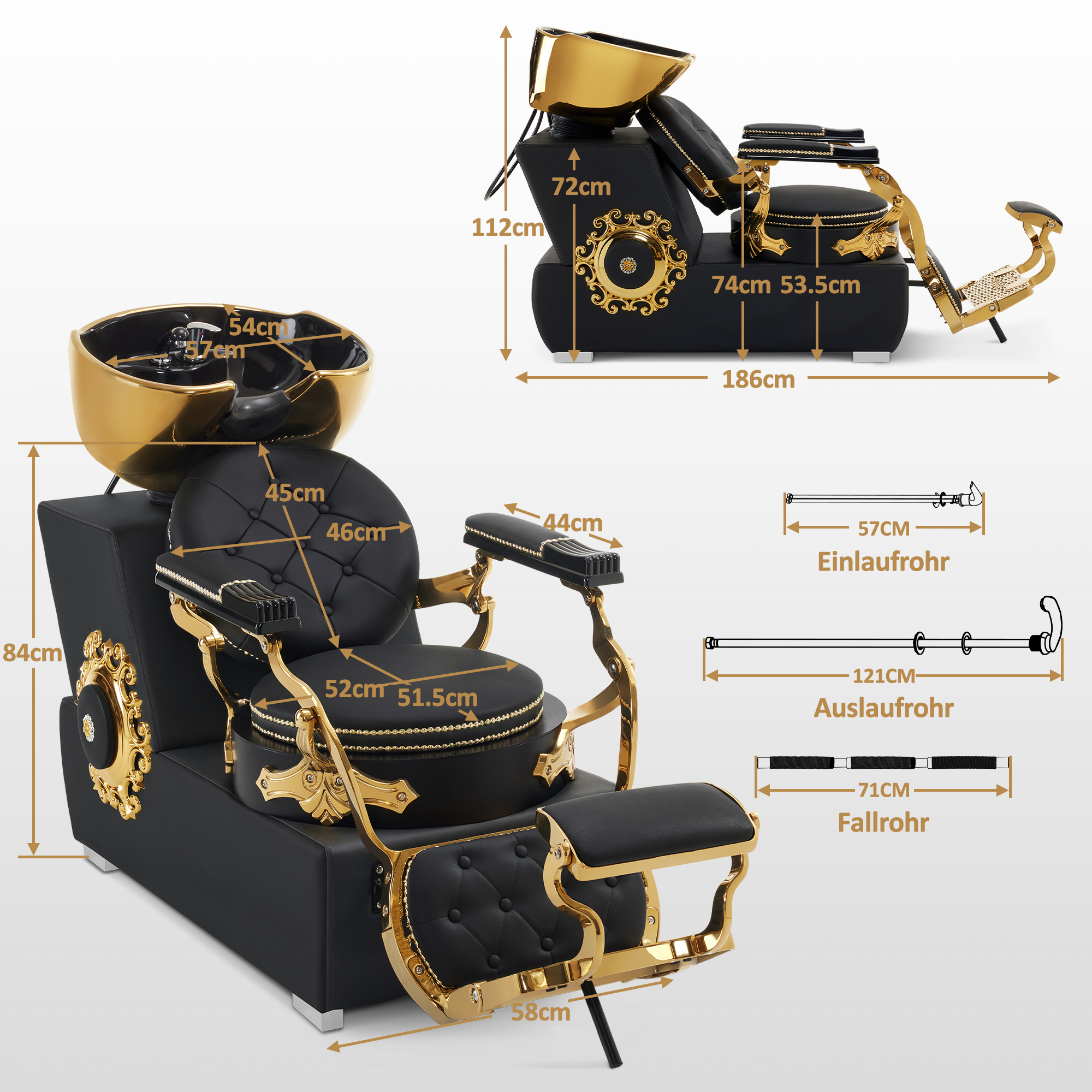 Barberpub Hairdressing Chair with Sink, Adjustable Ceramic Hairdressing Sink, Reversible Hairdressing Wash Chair for SPA Salon, Hairdresser Wash Station Retro 8024 (Gold-Black/PVC) 