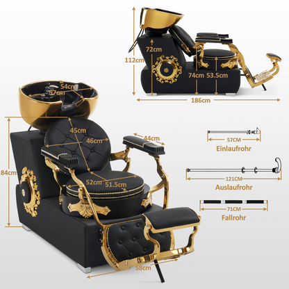 Barberpub Hairdressing Chair with Sink, Adjustable Ceramic Hairdressing Sink, Reversible Hairdressing Wash Chair for SPA Salon, Hairdresser Wash Station Retro 8024 (Gold-Black/PVC) 