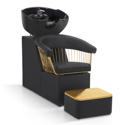 Barberpub Hairdressing Chair with Sink, Adjustable Ceramic Hairdressing Sink, Reversible Wash Chair with Footstool, Hairdressing Wash Chair for SPA Salon, Hairdresser Wash Station Retro 8037 (Gold-Black/PVC) 