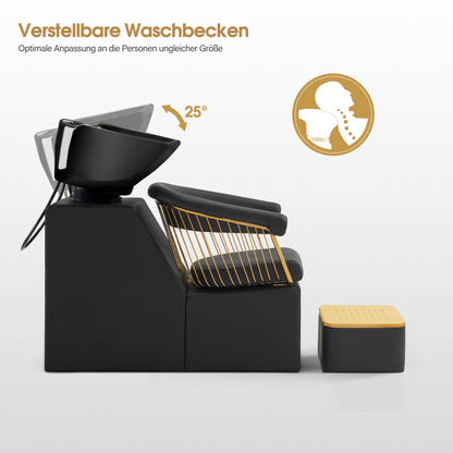 Barberpub Hairdressing Chair with Sink, Adjustable Ceramic Hairdressing Sink, Reversible Wash Chair with Footstool, Hairdressing Wash Chair for SPA Salon, Hairdresser Wash Station Retro 8037 (Gold-Black/PVC) 