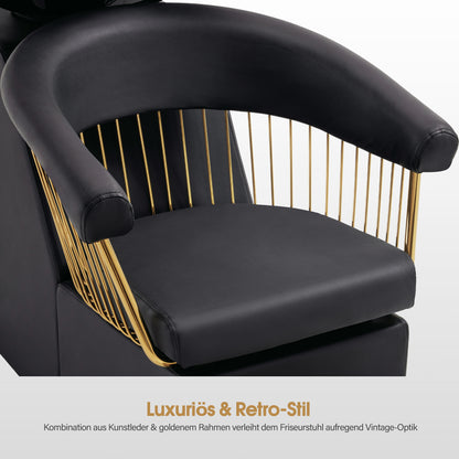Barberpub Hairdressing Chair with Sink, Adjustable Ceramic Hairdressing Sink, Reversible Wash Chair with Footstool, Hairdressing Wash Chair for SPA Salon, Hairdresser Wash Station Retro 8037 (Gold-Black/PVC) 