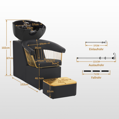 Barberpub Hairdressing Chair with Sink, Adjustable Ceramic Hairdressing Sink, Reversible Wash Chair with Footstool, Hairdressing Wash Chair for SPA Salon, Hairdresser Wash Station Retro 8037 (Gold-Black/PVC) 