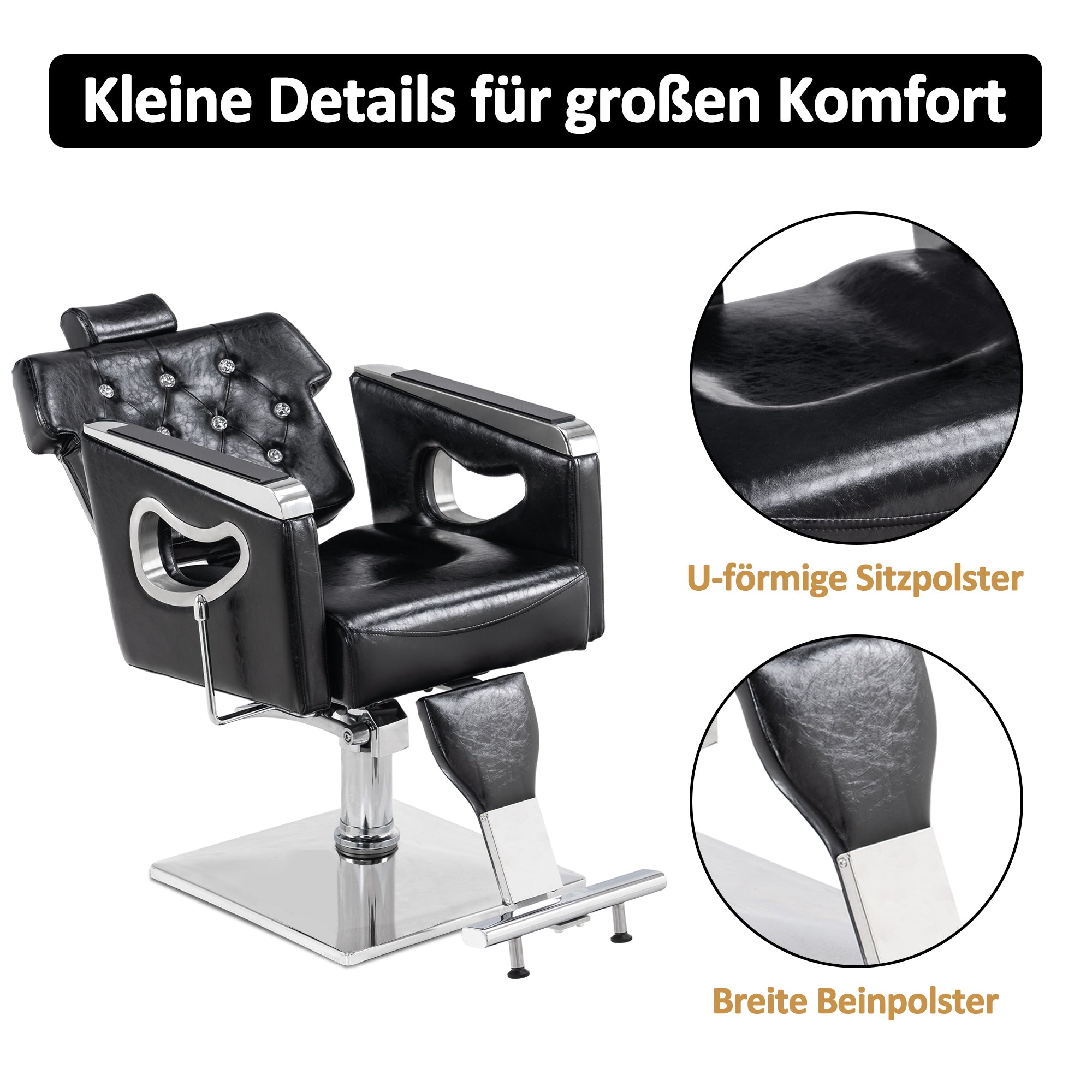 Fauteuil de barbier Barberpub avec appui-tête, fauteuil de barbier avec pompe hydraulique, fauteuil de coiffure réglable en hauteur pour hommes et femmes, pivotant et inclinable à 360°, mobilier de coiffure rétro vintage, similicuir, 8132 (noir) 
