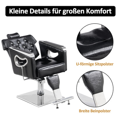 Fauteuil de barbier Barberpub avec appui-tête, fauteuil de barbier avec pompe hydraulique, fauteuil de coiffure réglable en hauteur pour hommes et femmes, pivotant et inclinable à 360°, mobilier de coiffure rétro vintage, similicuir, 8132 (noir) 