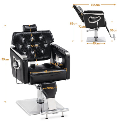 Fauteuil de barbier Barberpub avec appui-tête, fauteuil de barbier avec pompe hydraulique, fauteuil de coiffure réglable en hauteur pour hommes et femmes, pivotant et inclinable à 360°, mobilier de coiffure rétro vintage, similicuir, 8132 (noir) 
