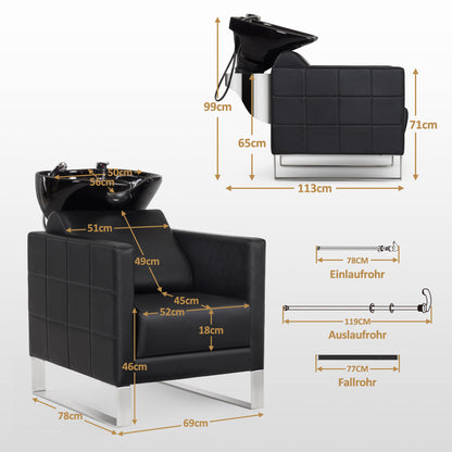 Fauteuil de barbier BarberPub avec lavabo et base en acier inoxydable, lavabo en céramique réglable, fauteuil de lavage pour salon de coiffure SPA 8611
