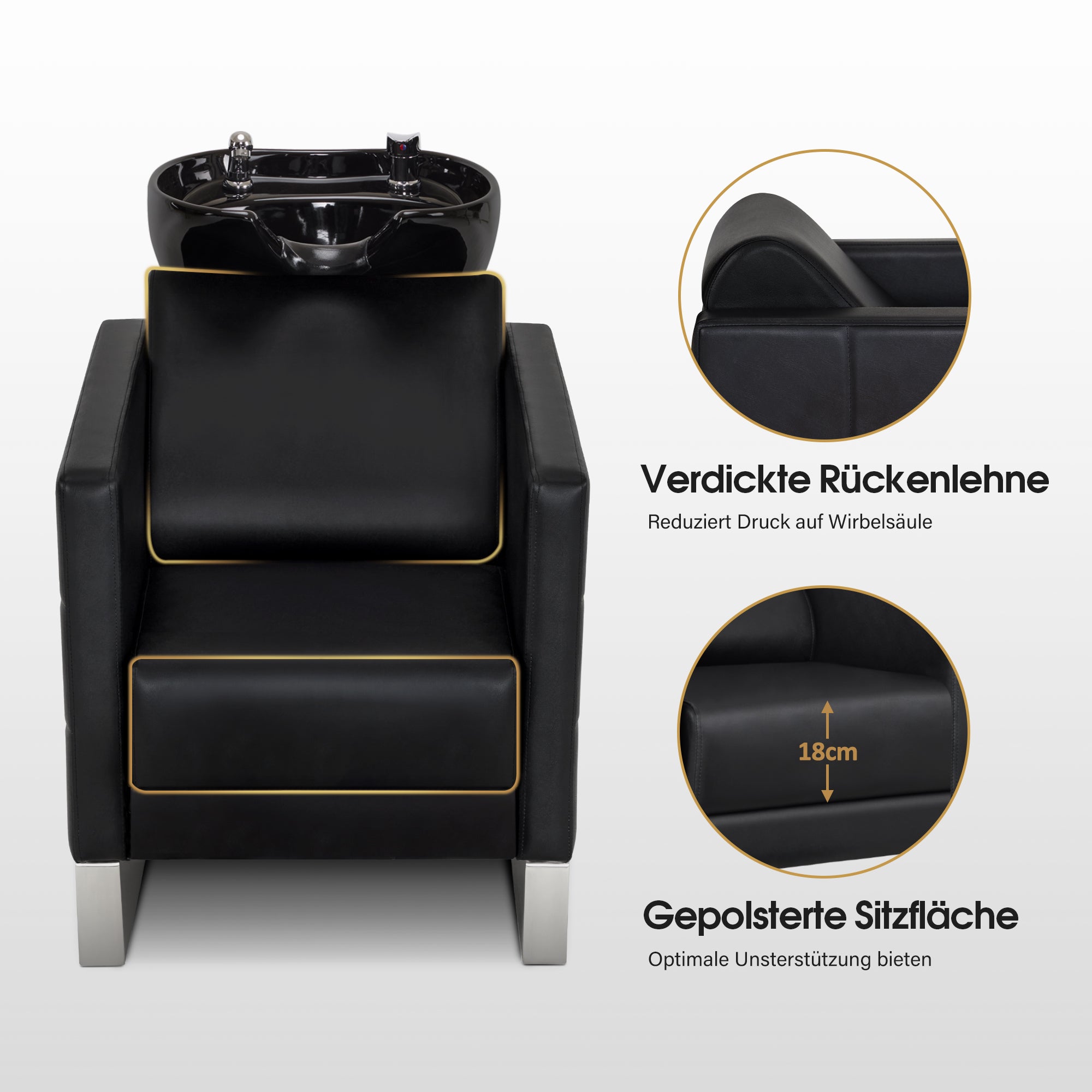 Fauteuil de barbier BarberPub avec lavabo et base en acier inoxydable, lavabo en céramique réglable, fauteuil de lavage pour salon de coiffure SPA 8611