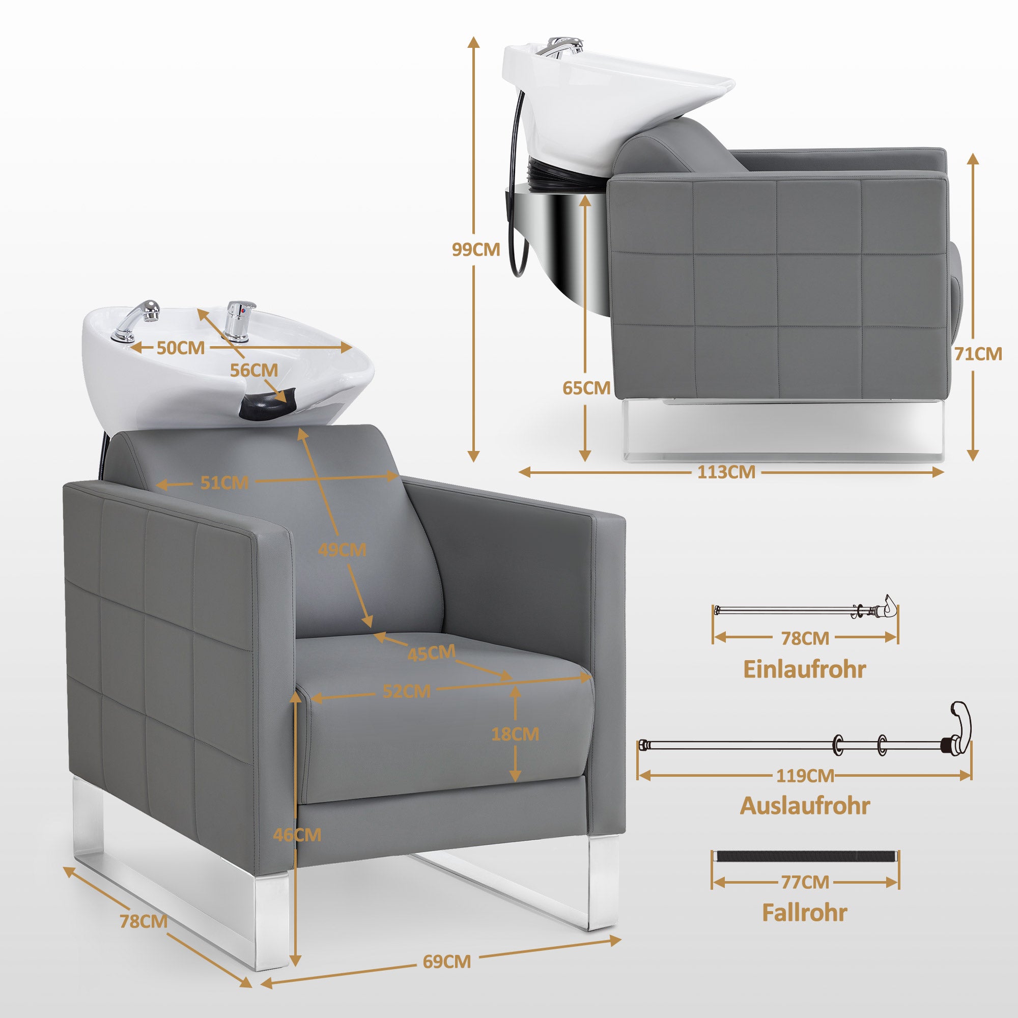 Fauteuil de barbier BarberPub avec lavabo et base en acier inoxydable, lavabo en céramique réglable, fauteuil de lavage pour salon de coiffure SPA 8611
