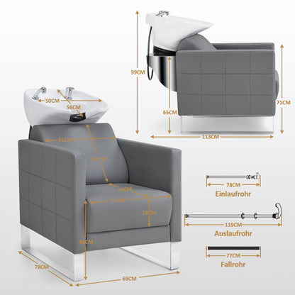 Fauteuil de barbier BarberPub avec lavabo et base en acier inoxydable, lavabo en céramique réglable, fauteuil de lavage pour salon de coiffure SPA 8611