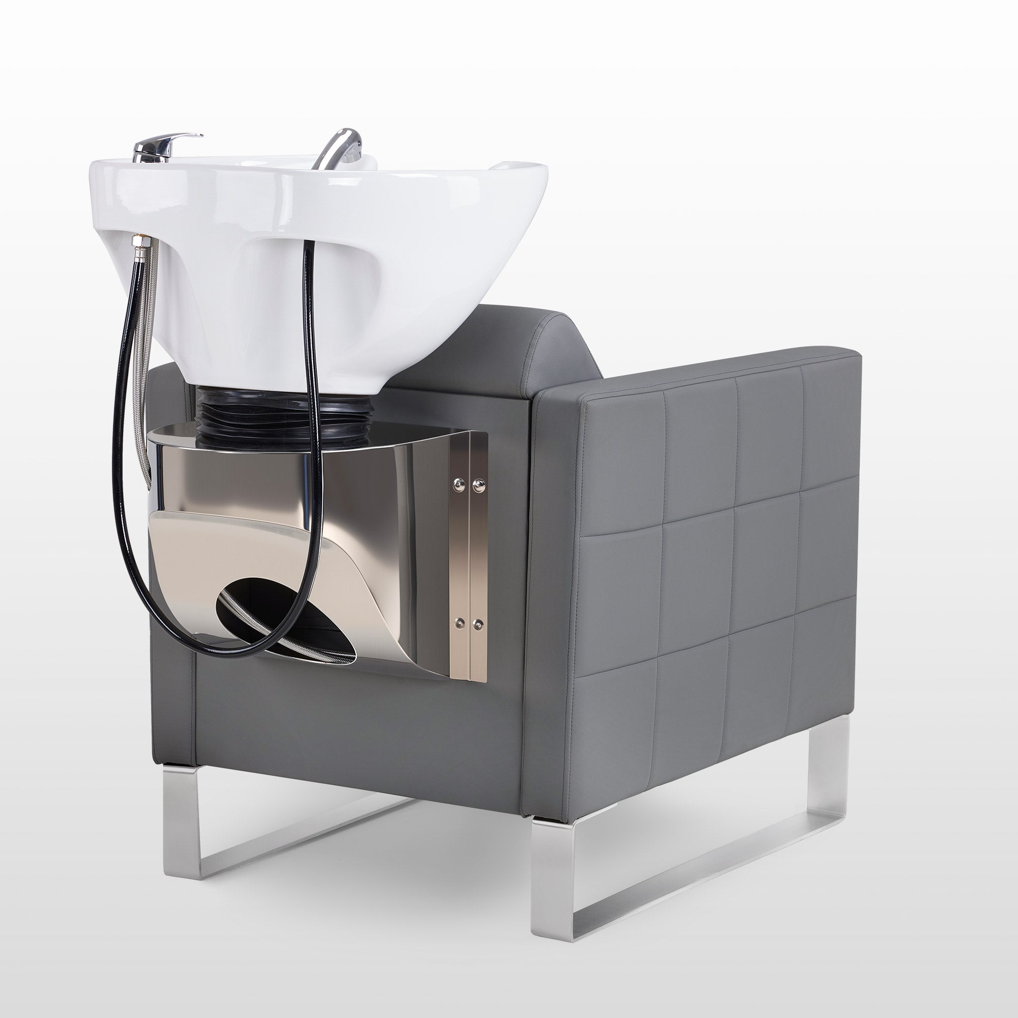 Fauteuil de barbier BarberPub avec lavabo et base en acier inoxydable, lavabo en céramique réglable, fauteuil de lavage pour salon de coiffure SPA 8611
