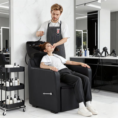 BarberPub poltrona da barbiere con lavatesta, poggiagambe pieghevole, lavatesta da parrucchiere in ceramica regolabile, poltrona lavatesta per salone SPA, postazione lavatesta 8620 (nero/ecopelle)