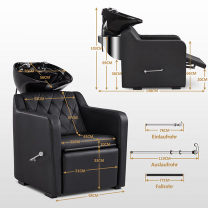 BarberPub Barber Chair with Washbasin, Foldable Leg Rest, Adjustable Ceramic Barber Washbasin, Barber Wash Chair for SPA Salon, Barber Wash Station 8620 (Black/Faux Leather) 