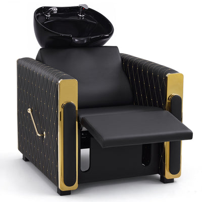 Fauteuil de barbier BarberPub avec lavabo rétro, lavabo réglable en céramique, fauteuil de coiffure pour salon de spa, poste de lavage pour coiffeur 8631 (noir-or/similicuir) 