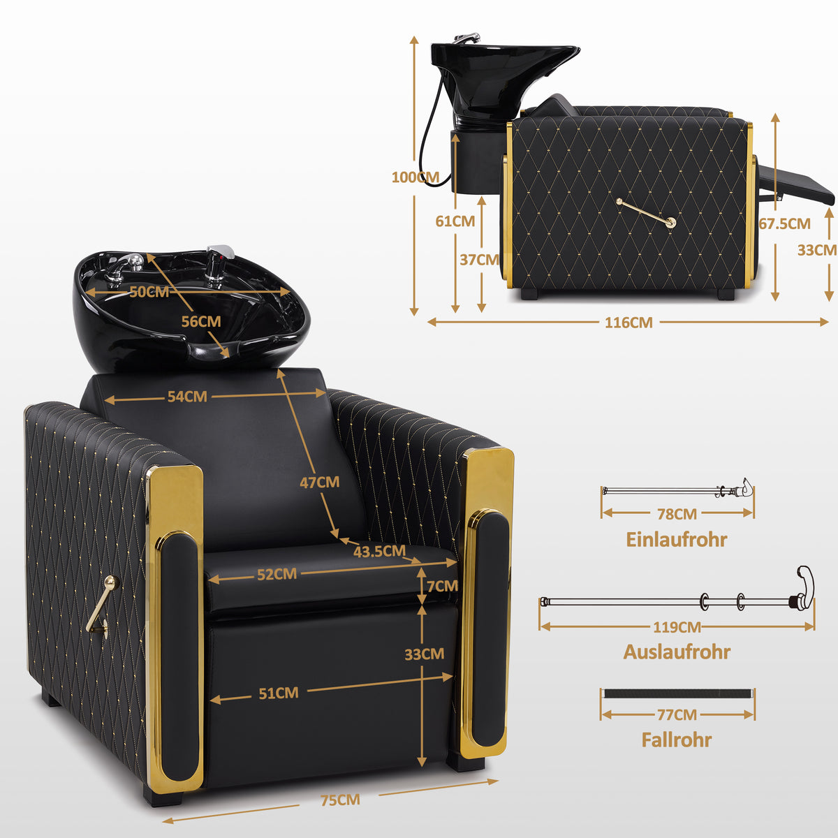 BarberPub Barber Chair with Retro Sink, Adjustable Ceramic Hairdressing Sink, Hairdressing Wash Chair for SPA Salon, Hairdresser Wash Station 8631 (Black-Gold/Leatherette) 