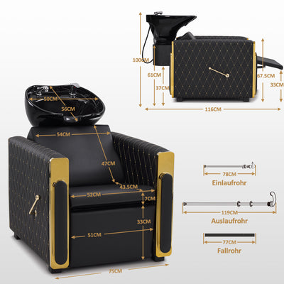 Fauteuil de barbier BarberPub avec lavabo rétro, lavabo réglable en céramique, fauteuil de coiffure pour salon de spa, poste de lavage pour coiffeur 8631 (noir-or/similicuir) 