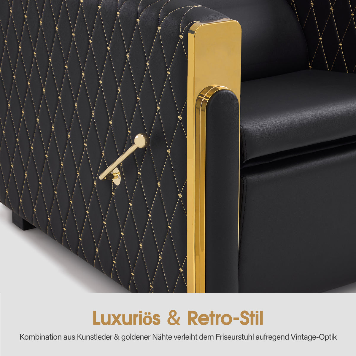 Fauteuil de barbier BarberPub avec lavabo rétro, lavabo réglable en céramique, fauteuil de coiffure pour salon de spa, poste de lavage pour coiffeur 8631 (noir-or/similicuir) 