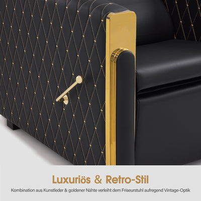 Fauteuil de barbier BarberPub avec lavabo rétro, lavabo réglable en céramique, fauteuil de coiffure pour salon de spa, poste de lavage pour coiffeur 8631 (noir-or/similicuir) 