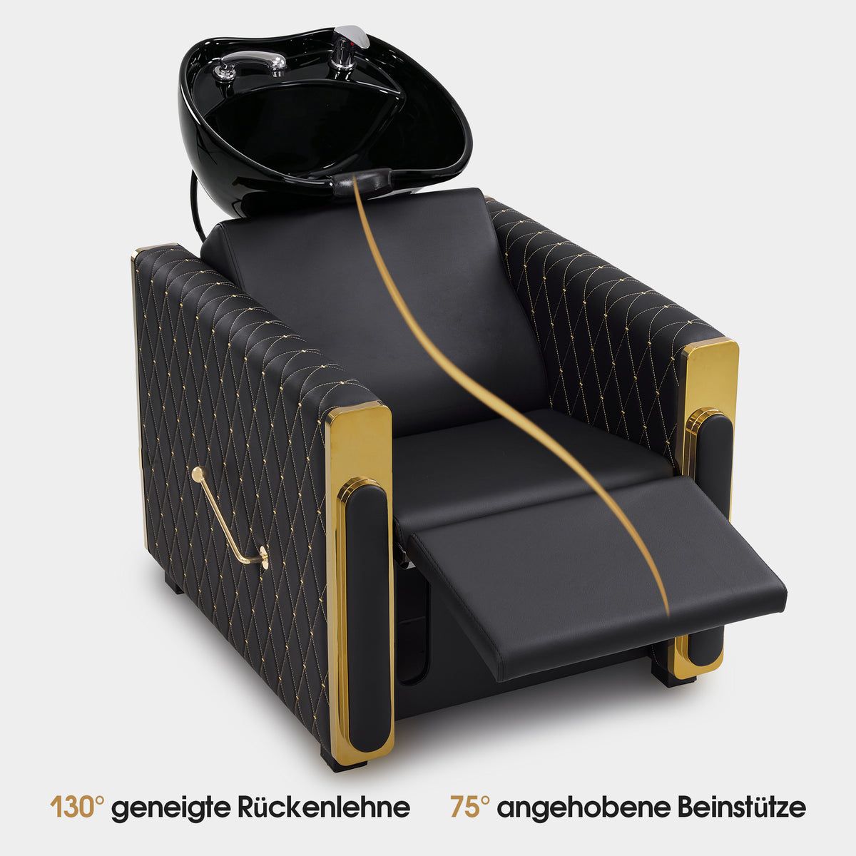 Fauteuil de barbier BarberPub avec lavabo rétro, lavabo réglable en céramique, fauteuil de coiffure pour salon de spa, poste de lavage pour coiffeur 8631 (noir-or/similicuir) 