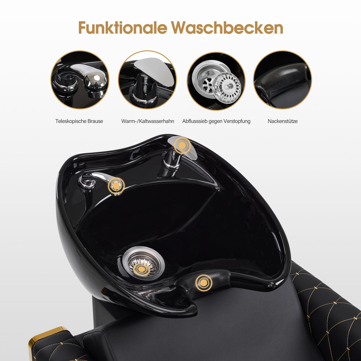 Fauteuil de barbier BarberPub avec lavabo rétro, lavabo réglable en céramique, fauteuil de coiffure pour salon de spa, poste de lavage pour coiffeur 8631 (noir-or/similicuir) 