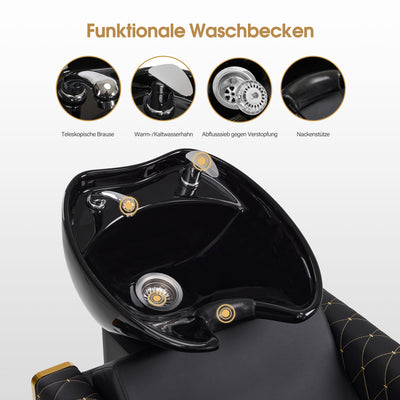 Fauteuil de barbier BarberPub avec lavabo rétro, lavabo réglable en céramique, fauteuil de coiffure pour salon de spa, poste de lavage pour coiffeur 8631 (noir-or/similicuir) 