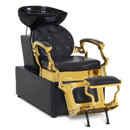 BarberPub Barber Chair with Sink, Rotating Footrest, Ceramic Hairdressing Sink, Adjustable Hairdressing Wash Chair for SPA Salon, Hairdresser Wash Station Retro 8653 (Gold-Black/Faux Leather) 