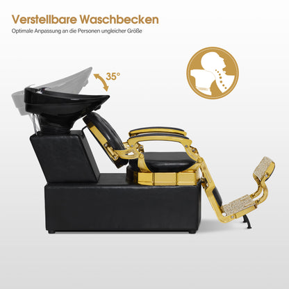BarberPub Barber Chair with Sink, Rotating Footrest, Ceramic Hairdressing Sink, Adjustable Hairdressing Wash Chair for SPA Salon, Hairdresser Wash Station Retro 8653 (Gold-Black/Faux Leather) 