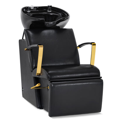 Fauteuil de barbier BarberPub avec lavabo, repose-jambes pliable, lavabo réglable en céramique, fauteuil de lavage pour salon de coiffure, station de lavage pour salon de spa 8670 (noir-doré/similicuir)