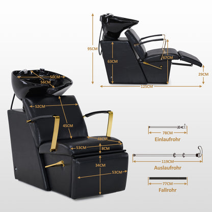 Fauteuil de barbier BarberPub avec lavabo, repose-jambes pliable, lavabo réglable en céramique, fauteuil de lavage pour salon de coiffure, station de lavage pour salon de spa 8670 (noir-doré/similicuir)