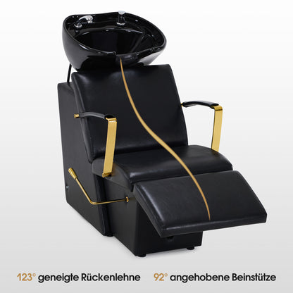 Fauteuil de barbier BarberPub avec lavabo, repose-jambes pliable, lavabo réglable en céramique, fauteuil de lavage pour salon de coiffure, station de lavage pour salon de spa 8670 (noir-doré/similicuir)